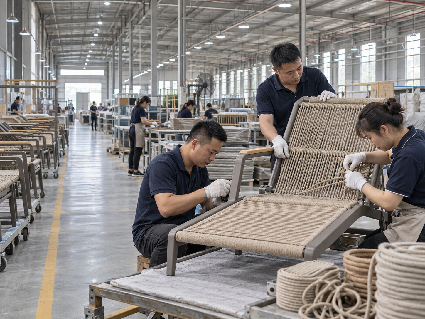 Outdoor furniture quality review and export preparation in a factory