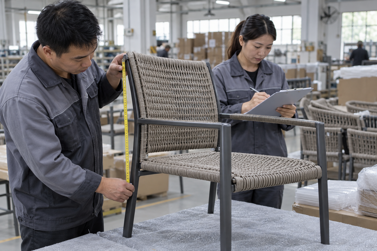 Asian quality technician measuring outdoor furniture during factory testing