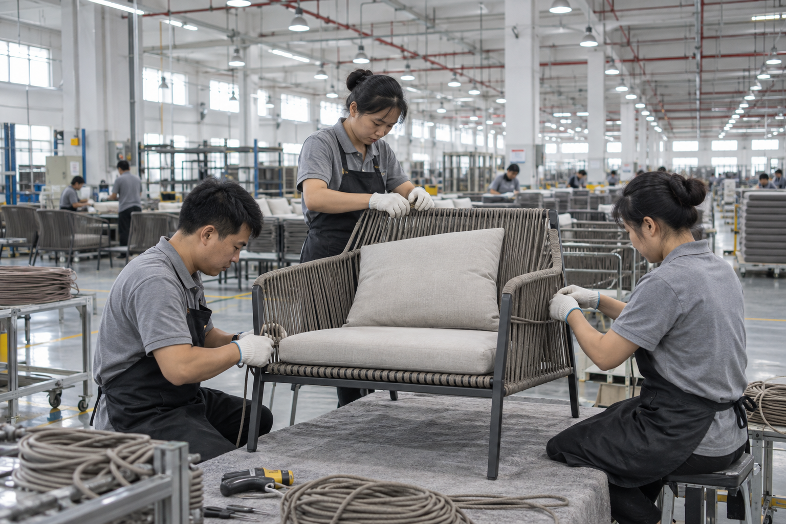 Asian craft workers weaving outdoor furniture in a Shenzhen factory