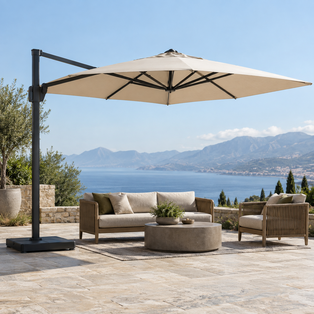Cantilever umbrella shading a coordinated commercial outdoor lounge setting