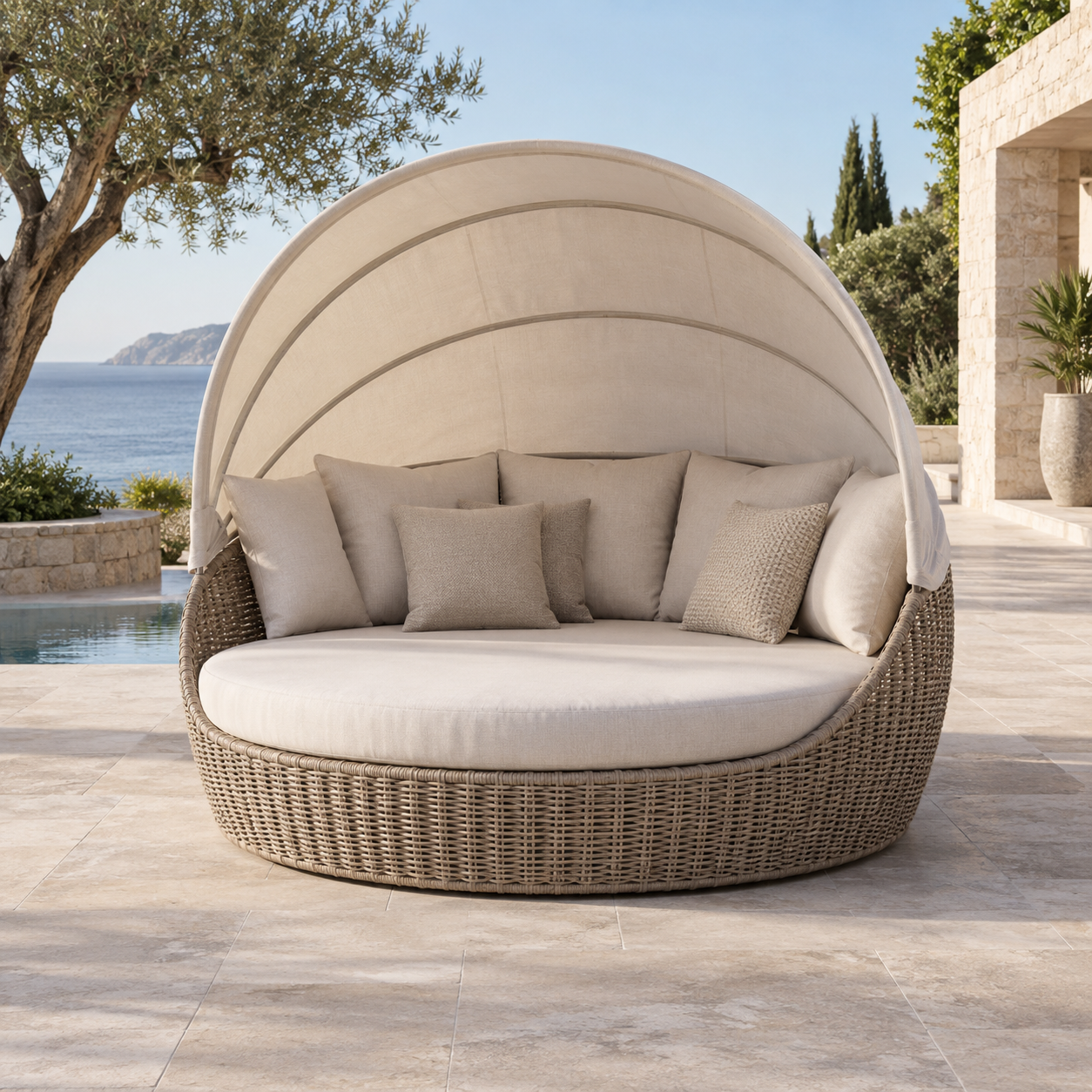 Outdoor daybed in a shaded resort lounge area