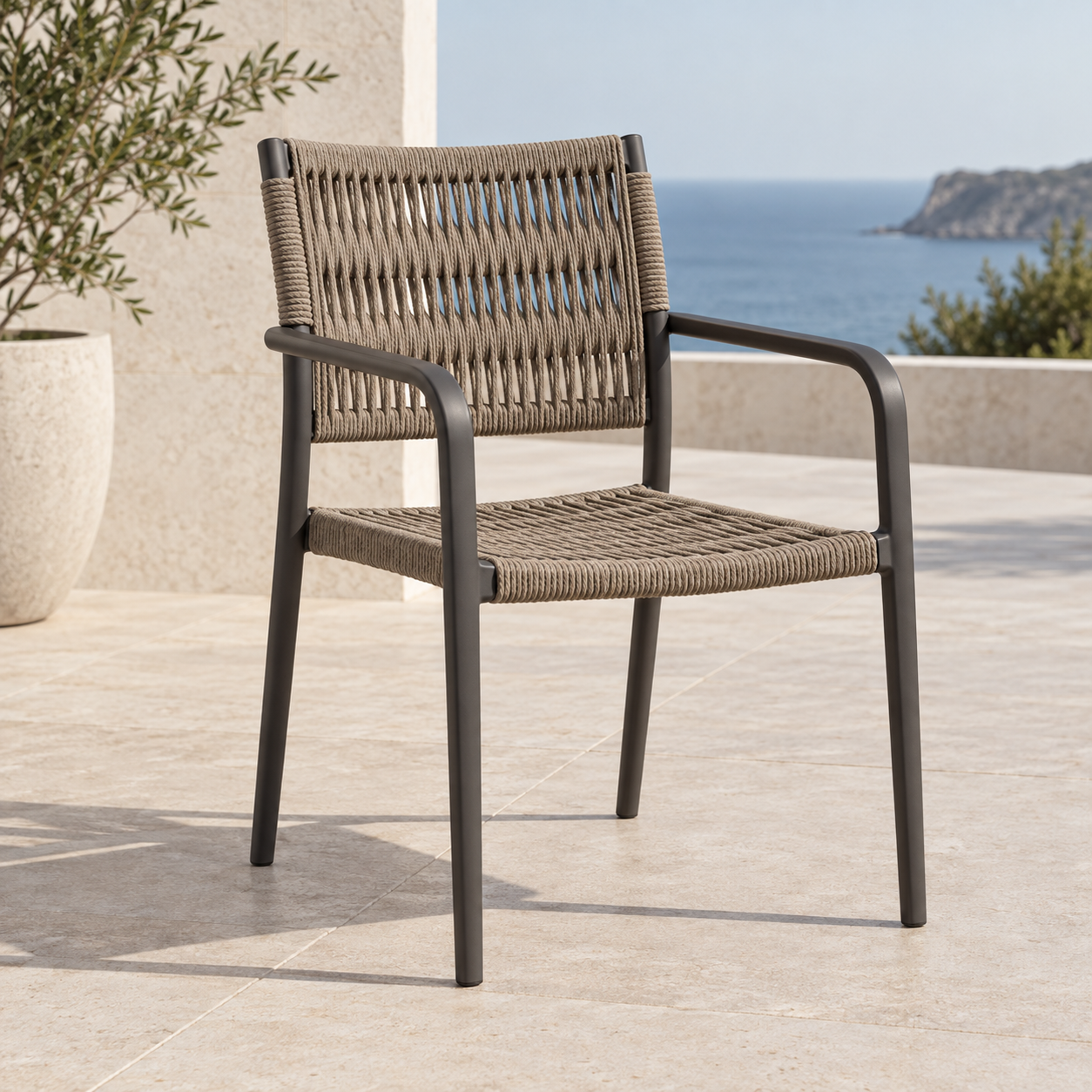 Commercial outdoor dining chairs and table on a terrace