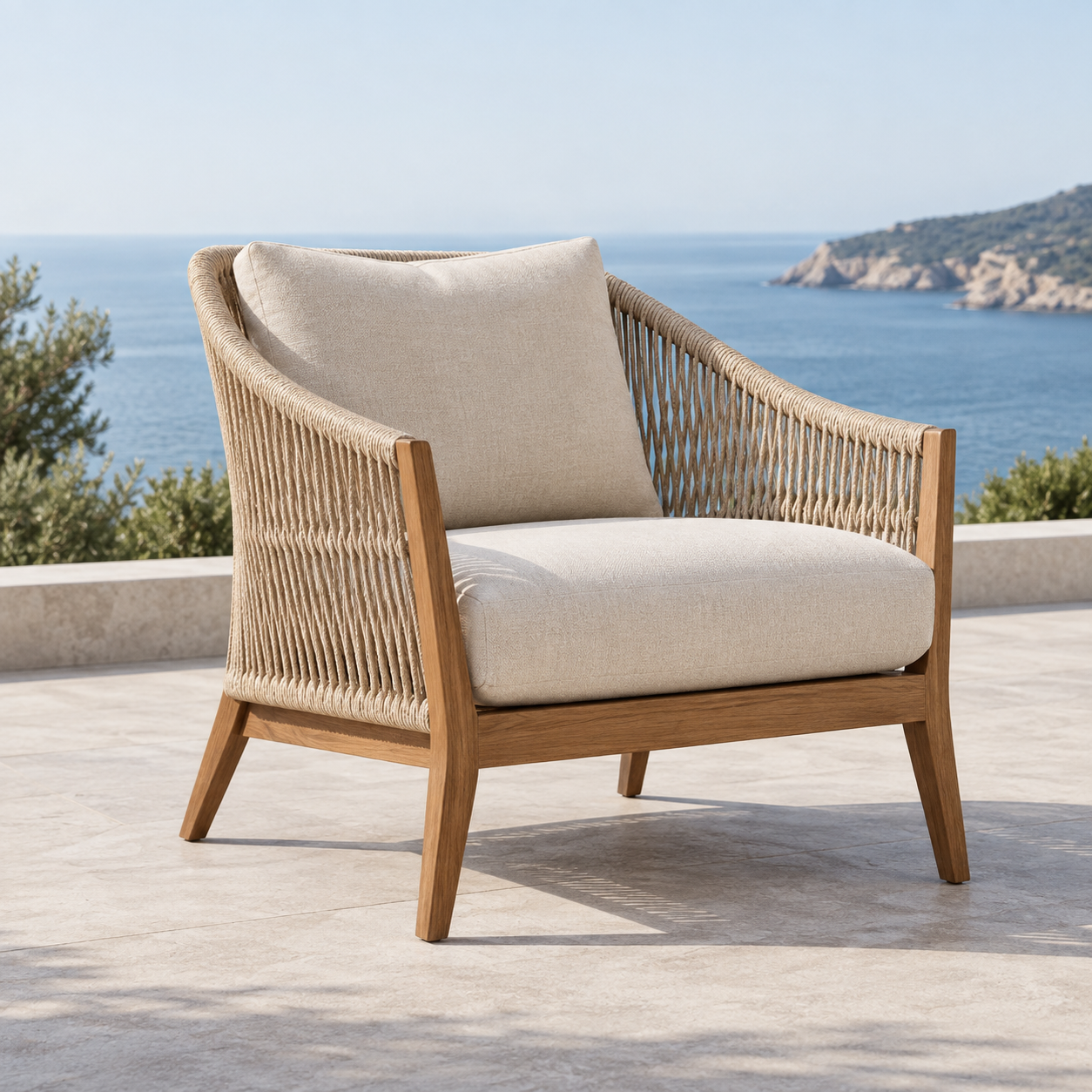 Rope outdoor lounge chair on a coastal hospitality terrace